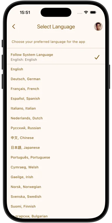 The Select Language screen, listing every language with a Follow System Language option
