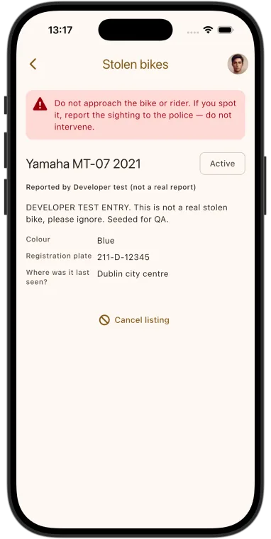 A stolen bike report showing the bike's details and a warning not to approach