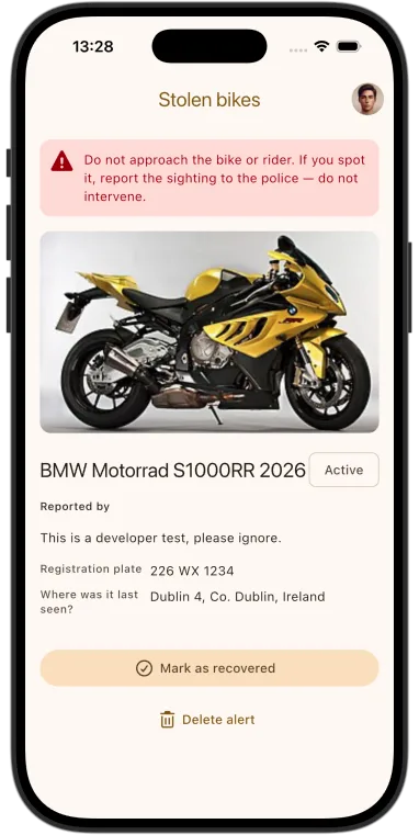 A stolen bike report with buttons to mark the bike as recovered or delete the alert